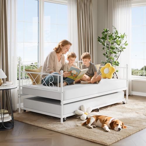 IDEALHOUSE Daybed with Trundle, Trundle Bed Twin with Heart-Shaped Headboard, Sturdy Metal Day Bed...