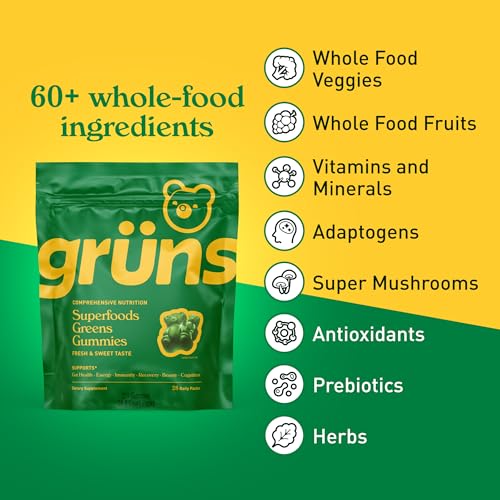 gruns adults super greens multivitamin gummies superfood vitamin gummy bears with spirulina chlorella prebiotic fiber for digestive health adaptogens supplement 20 vitamins amp minerals 28 count