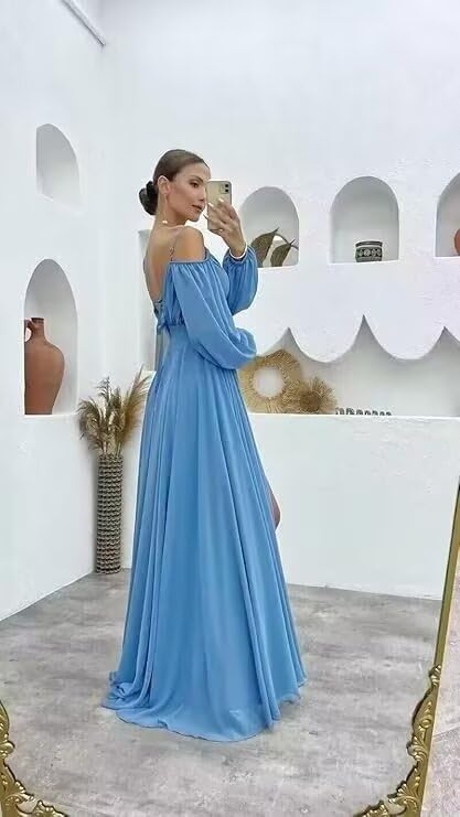 Off The Shoulder Chiffon Bridesmaid Dresses Long Sleeve Spaghetti Strap Aline Bridesmaid Dress with Silt3
