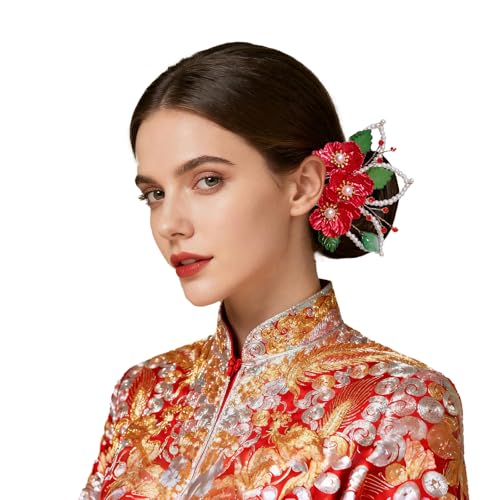 Peine decorativo rojo floral para boda con perlas