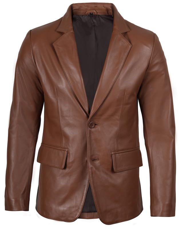 Image of Blingsoul Mens Leather Blazer - Casual Leather Sport Coat with Notch Lapel, Real Lambskin Leather Jacket for Men