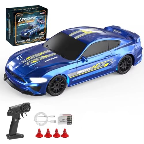 Image of FEXXA 1 /43 Scale RC Drift Race Car Gyro 4WD Ready to Go Mini Remote Control Car High Speed Model (1:43 RC Drift Mustang-Blue)