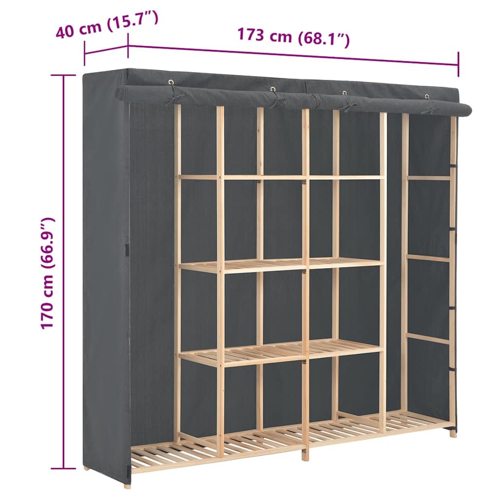 Armoire en tissu gris avec cadre en bois de sapin massif 173 x 40 x 170 cm, penderie avec plusieurs compartiments, rangement pour vêtements, chaussures, vestes, chemises, robes
