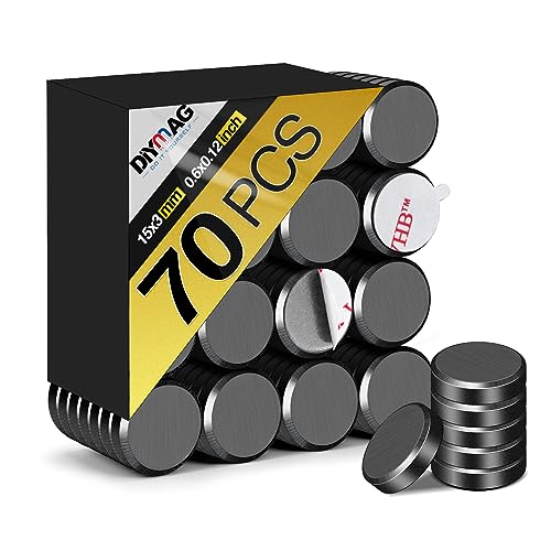 DIYMAG 70Pcs Small Ceramic Magnets for Crafts, Round Disc Magnets with Adhesive Backing Strong Magnets for Refrigerator Craft Hobbies Science Projects School Notice Boards, 0.6inch D x 0.12inch H