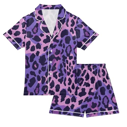 ALAZA Leopard Animal Print Pajamas Satin Pajama Set Short Sleeve Button Down Sleepwear