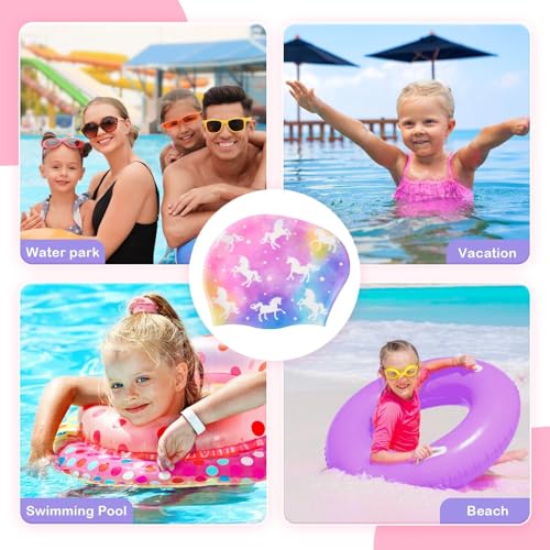 Image of 2 Pack Kids Swim Cap Silicone Waterproof Swim Caps for Boys Girls | (3-6 Years) Unicorn Mermaid Design Swimming Cap for Kids 3-6 Long and Short Hair (Mermaid&Unicorn)