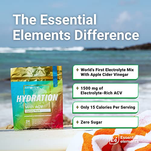 Essential Elements Hydration Packets - Variety Pack - Sugar Free Electrolytes Powder Packets - 15 Stick Packs Of Electrolytes Powder No Sugar - Hydration Drink - With Acv & Vitamin C #TOP1