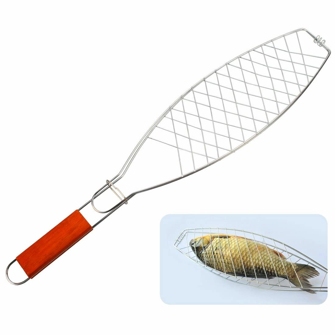 Qbic Stainless Steel BBQ Fish Grill with Wooden Handle. Portable Barbecue Tool for Beach Side and Outdoor Fish, Vegetable Barbecue Paty.
