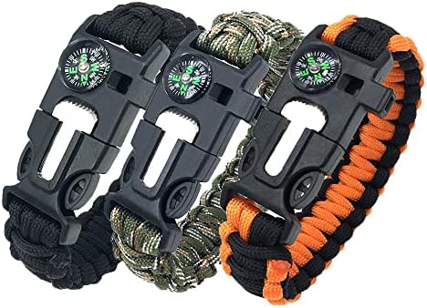 Paracord Survival Bracelet (3 Pieces), Practical Five Functions, Fire Starter, Loud Whistle, Reliable Compass, Rope Cutter, Reliable Paracord, Black & Camo & Orange+Black