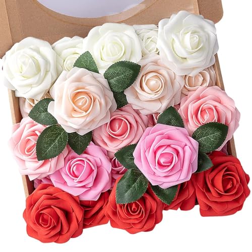 N&T NIETING Artificial Flowers 25pcs Real Looking Artificial Roses with Stems for Valentine's Day Mother's Day Wedding Bridal Bouquet Party Baby Shower Cake Decoration, Series Red