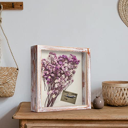Image of TJ.MOREE Shadow Box 11 x 11 Display Case Wood Picture Frame White Pink | Memory Box with Linen Back for Memorabilia, Bouquet, Military Medals, Pet Memorial Gifts