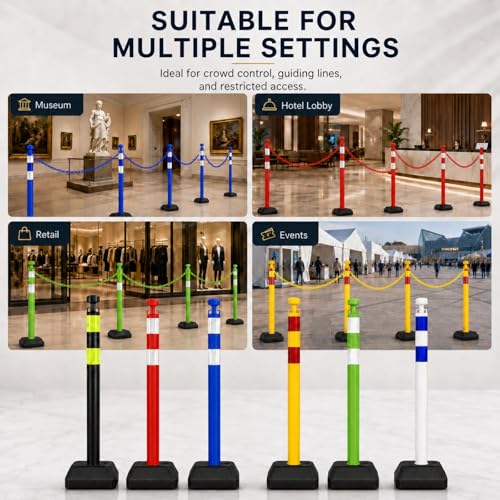 Image of 6 Pack Traffic Delineator Post Cones with Chain Stanchion, Blue Crowd Control Safety Barrier Posts with Water Filled Base for Warehouses, Parking Garages and Crowd Guidance (Blue)