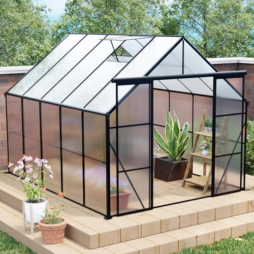 KEIKI 8×10 FT Double Door Polycarbonate Greenhouse with Aluminum FrameRaised Base and Roof VentWalk in Greenhouses for Patio Garden