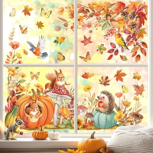 decalmile Thanksgiving Fall Double Sided Window Clings Autumn Animals Leaves Flowers Mushroom Bird Anti-Collision Glass Doors Window Stickers Decals