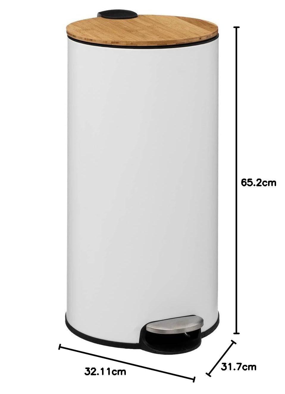 Five Poubelle 30 Litres en Métal Blanc et Couvercle en Bambou