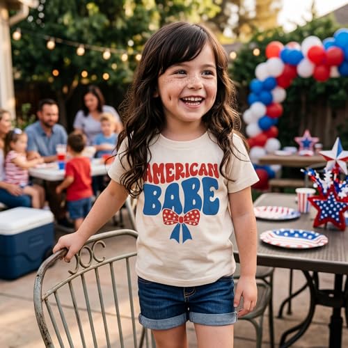 Image of Kids Toddler Girls 4th of July T-Shirt Coquette Bowknot Patriotic USA 250 American Flag Independence Day Top