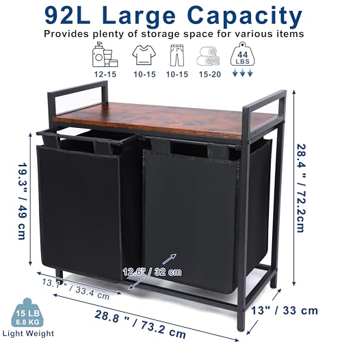 Whitmor Laundry Sorter, 92L Laundry Hamper with Shelf & 2 Removable Bags, 2 x 12.1 Gallons (46L), 28.8 x 13 x 28.4 Inches, Dirty Clothes Hamper Organizer for Laundry Room, Bathroom, Dorm, Black by Whitmor - Image 2