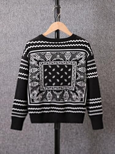 WDIRARA Boy's Long Sleeve Paisley Print Sweater Crew Neck Cozy Knitted Pullover Top2