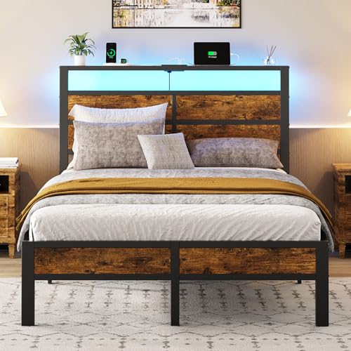 Image of Liians Full Size Bed Frame, Full Bed with Charging Station Headboard and LED Lights, Platform Bed with Metal Slats, No Box Spring Needed, Noise Free, Easy Assembly
