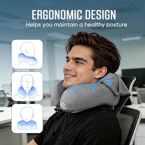 Image of SkytraxComf Travel Neck Pillow with Hood for Privacy on Long Flights | Memory Foam | Airplane Sleep | Safety-Tested Materials | Extra Large Hood | Chin Support | Earplugs | Washable Cover