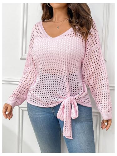 Image of SOLY HUX Women's Plus Size Sheer Sweater Hollow Out Knot Hem V Neck Drop Shoulder Long Sleeve Pullover Tops Plain Pink 2XL