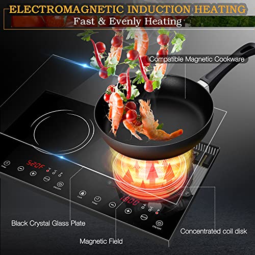 Double Induction Cooktop, 1800W Electric Cooktop with 2 Burner, Portable Countertop Burner with LED Sensor Touch Screen, 17 Power Levels 21 Temperature Setting Child Safety Lock, 3 Hours Timer - Image 5