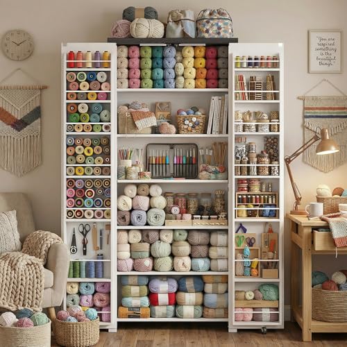 Furnivio Craft Cabinet with Storage - 71 Sewing Cabinet with LED Lights Adjustable Shelves Hobby Storage Cabinet for Craft Room Food Pantry Cabinet for Kitchen Dinning Room or Living Room