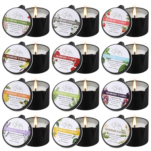 12-Pack Massage Candle Set - Low Temperature Soy Wax Melts into Silky Smooth Massage Oil 1oz Aromatherapy Candles for Couples Home Spa Relaxation & Romantic Gifts (12 Scents)