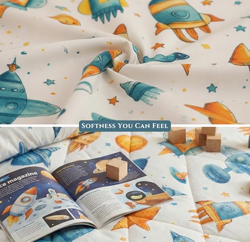 Image of VAS COLLECTIONS Single Bed Comforter Set 220 GSM Microfiber | Ultra Soft AC Comforter with Flat Bedsheet (60x90 Inches) & 1 Pillow Cover | 3 Pc Bedding Set (Rocket Print) | 3 Pc Bedding Set
