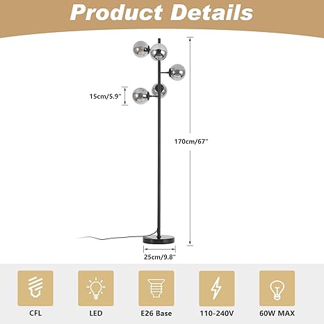 KCO KCO Lighting Smoked Glass Floor Lamp Modern Globe Floor Lamp Farmhouse Black Standing Lamp Multi Head Floor Lamps for Living Room Bedrooms Office photo 2