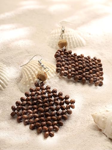 Image of MINACHI Boho Chic Handmade Rattan Wood Dangle Drop Earrings for Women, Bohemian Summer Beach Statement Jewelry Gift for Women