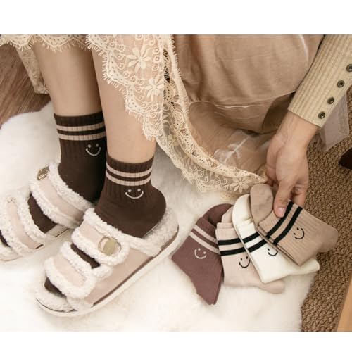 Image of Deeorla Womens Striped Crew Socks Brown Vintage Retro Athletic Socks 5 Pairs