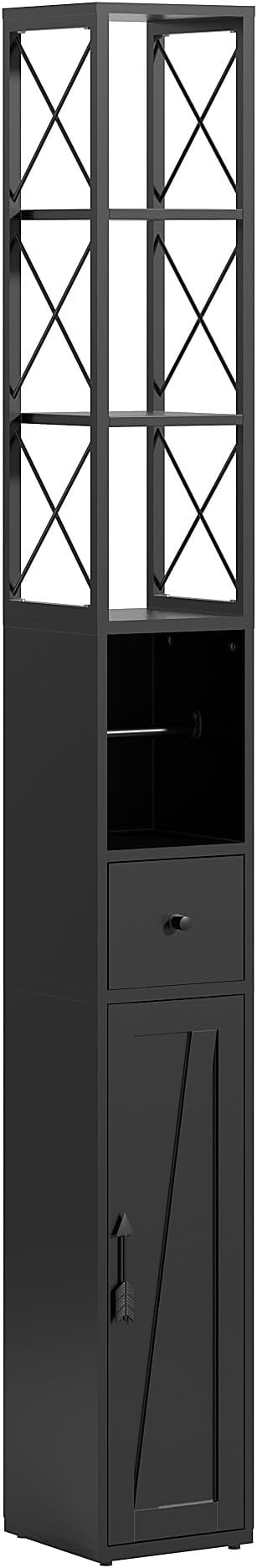 VECELO Bathroom Tall Cabinet, Slim Storage Cabinet with Hollow Frame Toilet Paper Scroll, Narrow Cabinet with Farmhouse Style Door for Bathroom