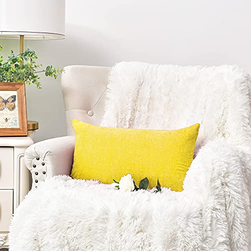 Image of CaliTime Pack of 2 Cozy Bolster Pillow Covers Cases for Couch Sofa Home Decoration Solid Dyed Soft Chenille 12 X 20 Inches Bright Yellow