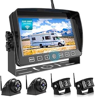Fookoo HD 1080P Wireless Backup Camera System, 7-inch Quad Split Screen Monitor IP69 Waterproof Side View Rear View Cameras Parking Lines, Recording w/ 32GB SD Card, Suits for RV/Trailer/Truck (DW704)