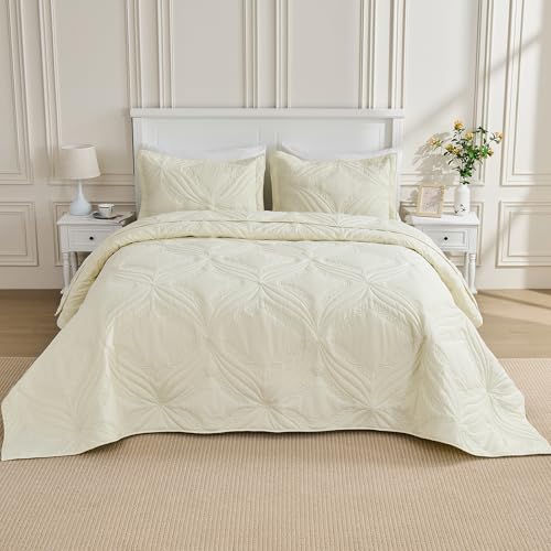 Image of Kingnex Oversized King Bedspreads 128x120 for Tall King or Cal King Bed Ultrasonic Quilted Coverlet Set 3 Piece Include 1 Extra Wide Quilt 2 Pillowcases Cream