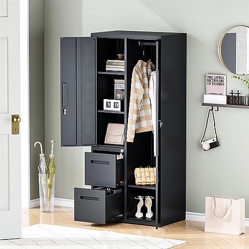 Anxxsu Metal Storage Cabinets Locker, 67" Locker with Clothes Rod, Lockable Freestanding Wardrobe for Office, Home, School, Laundry Room, Gym (Black) - Thumbnail 2