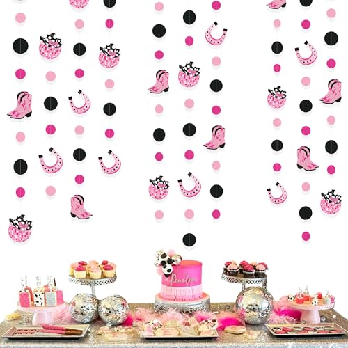 Image of Western Cowgirl Party Decorations Hot Pink Black Circle Dot Garland Streamer for Last Disco Let's Go Girls Retro Horse Rodeo Theme Bachelorette Birthday Engagement Hen Party Decorations Supplies