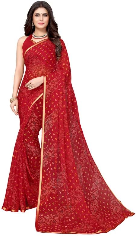 Satrani Women'S Bandhani Printed Chiffon Saree With Unstitched Blouse Piece