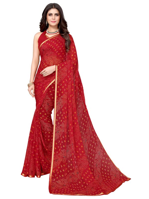 Satrani Women's Lace & Bandhani Printed Chiffon Saree With Unstitched Blouse Piece(2605S188N_Red2)