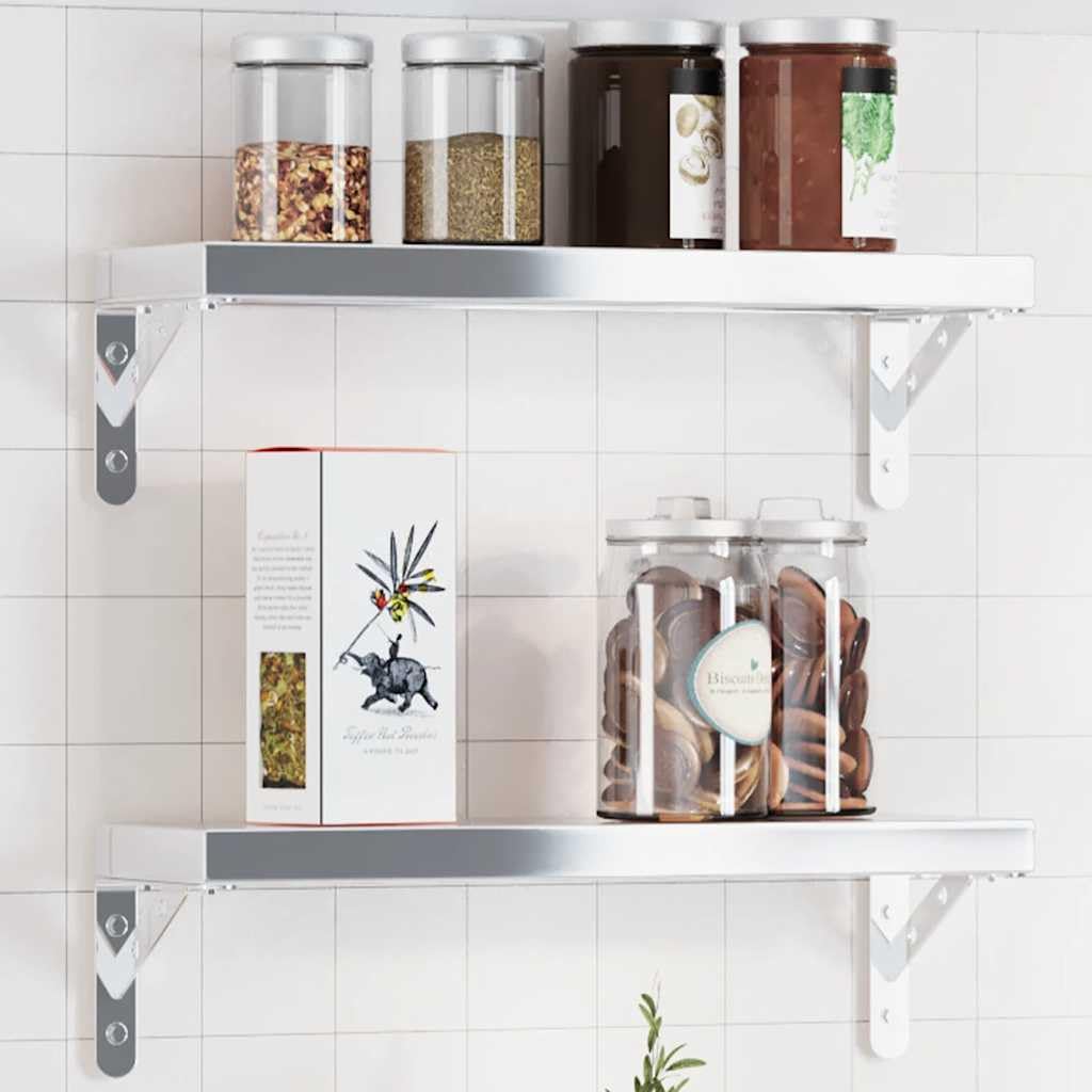 Soportes para estantes de acero inoxidable, 4 unidades, 15 x 2,5 x 11,5 cm, plateados, con tornillos y tacos para estante de pared, consola de pared, estante colgante, ahorra espacio y