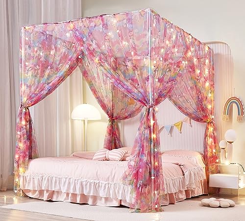 Mengersi Unicorn Bed Canopy for Girls - Bed Netting with Lights - Princess Room Decor, California King Size