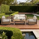 XTWEEX 6-Piece Outdoor Patio Furniture Set, Rocker Chairs and Sofa with 10 inch Thick Cushions and Steel Frame and Wooden Board, PE Rattan Weaving Outdoor Conversation Set Brown/Light Gray Linen