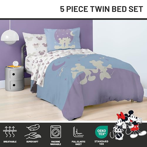 Image of Disney Mickey and Minnie Mouse Twin Comforter Set 5 Piece Bedding, Grey | Bed in a Bag, Comforter Sheets Sham Pillowcase, Official Product, Soft Microfiber, Machine Washable, Easy Care, Kids Gift