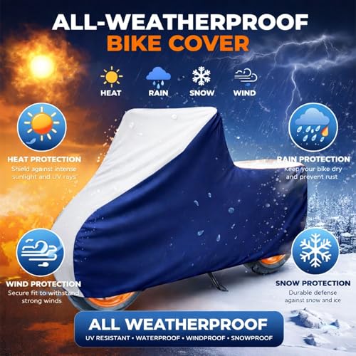 Image of 6X6 Heavy Duty Bike Cover for Hunter 350, Dual Tone White & Blue, All-Weather Protection, Waterproof, UV Resistant, Dustproof, Windproof, Durable Outdoor Motorcycle Body Covers for Daily Use