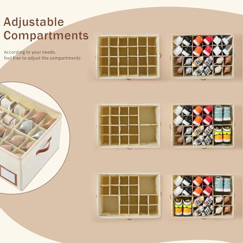 Image of INSTY Shoe Organizer for Closet Fit 24 Pairs, Large Foldable Shoe Storage Containers Box Bin w /Adjustable Dividers and Clear Cover, Space Saving Shoe Storage Organizer Box, Beige