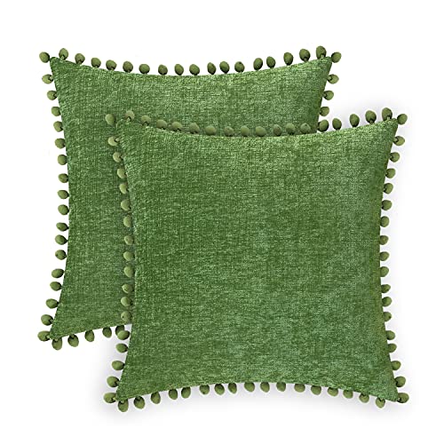 CaliTime Throw Pillow Cases Pack of 2 Cozy Solid Dyed Soft Chenille Cushion Covers with Pom Poms for Couch Sofa Home Decoration 50cm x 50cm Forest Green