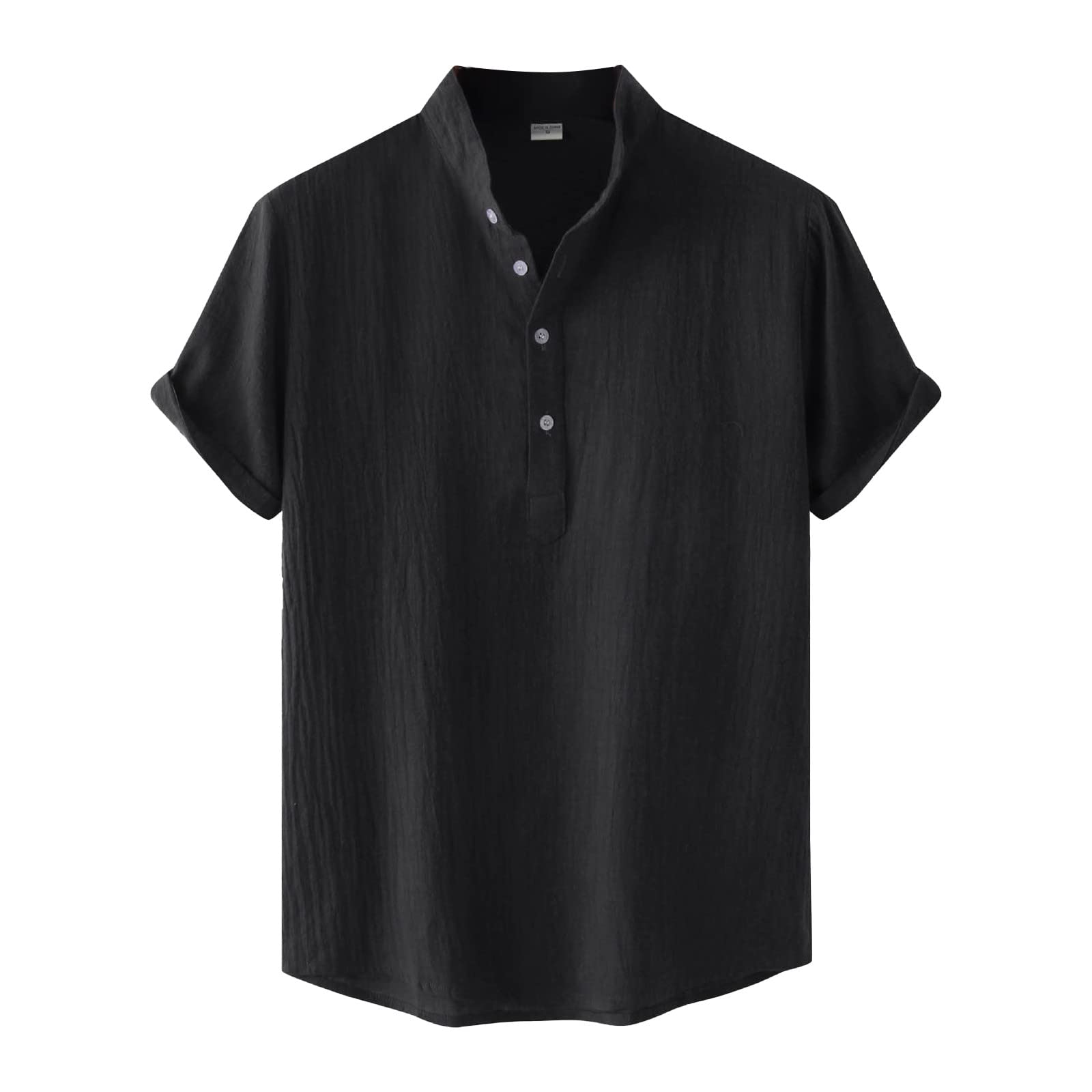 Men's Casual Short Sleeve Dress Shirts,Men's Summer Solid Color Cotton Linen Top Stand Collar Short Sleeve Shirt