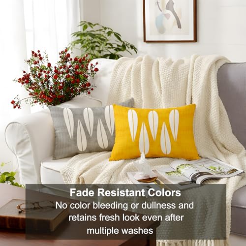Image of STITCHNEST Leaf Yellow Grey Printed Poly Cotton Cushion Covers, Set of 2 (12 x 18 Inches with Filler)
