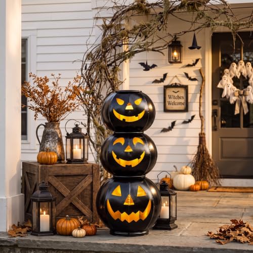 Otoolling 3 Tiers Halloween Pumpkin Decor Stacked Pumpkin Metal Lanterns